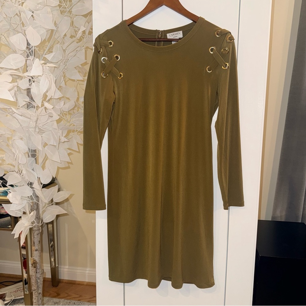 Carmen Marc Valvo Olive Lace-Up Sleeve Dress Size M